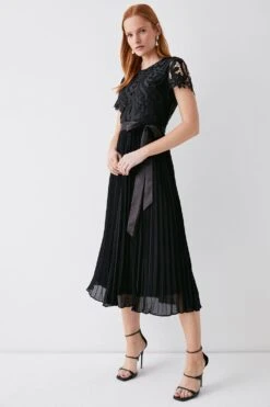 Coast Belted Lace Bodice Pleat Skirt Midi Dress