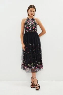 Coast Halter Neck Embroidered Midi Dress