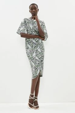 Coast Flare Sleeve Printed Crepe Wrap Pencil Dress