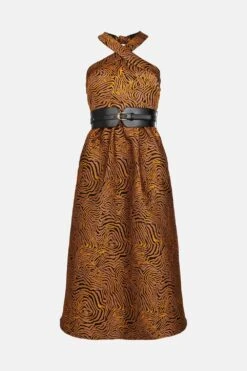 Coast Cross Front Belted Animal Print Jacquard Midi Dress -Coast bcc00761 neutral xl 3