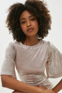 Coast 48 Coast Metallic Angel Sleeve Ruche Waist Dress