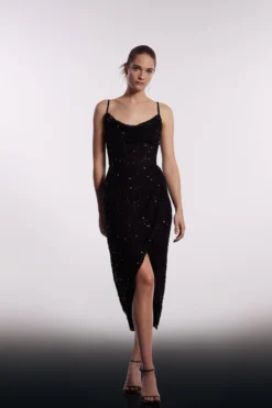 Coast Cowl Neck Corset Bodice Sequin Midi Dress