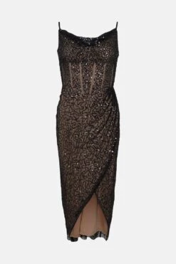 Coast Cowl Neck Corset Bodice Sequin Midi Dress -Coast bcc01233 black xl 3
