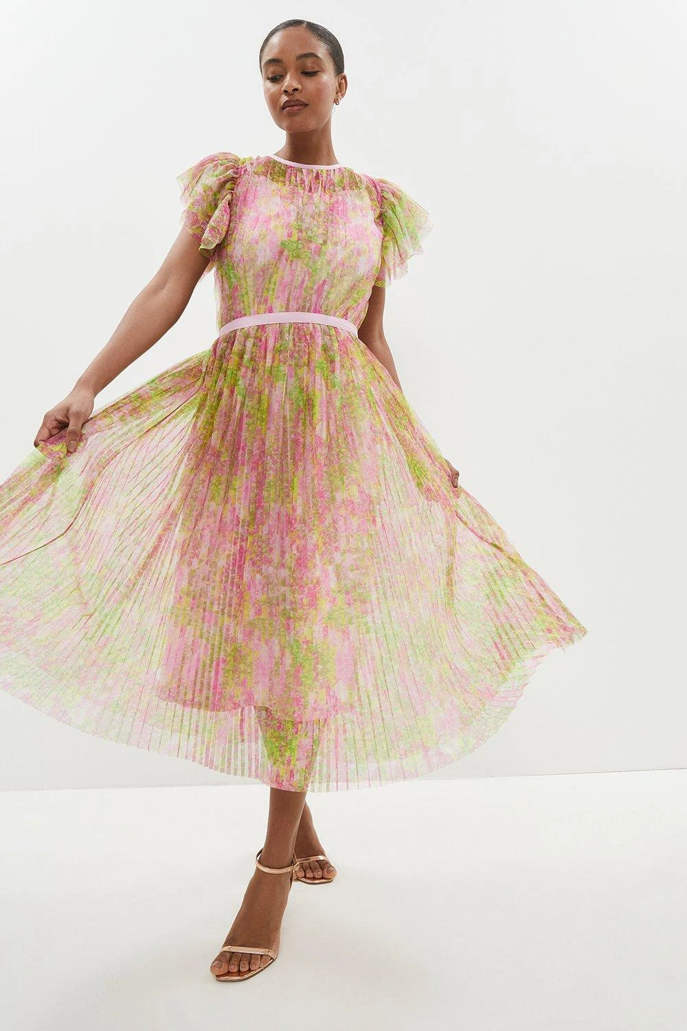 Coast Printed Frill Sleeve Pleated Mesh Midi Dress 1 Coast Printed Frill Sleeve Pleated Mesh Midi Dress