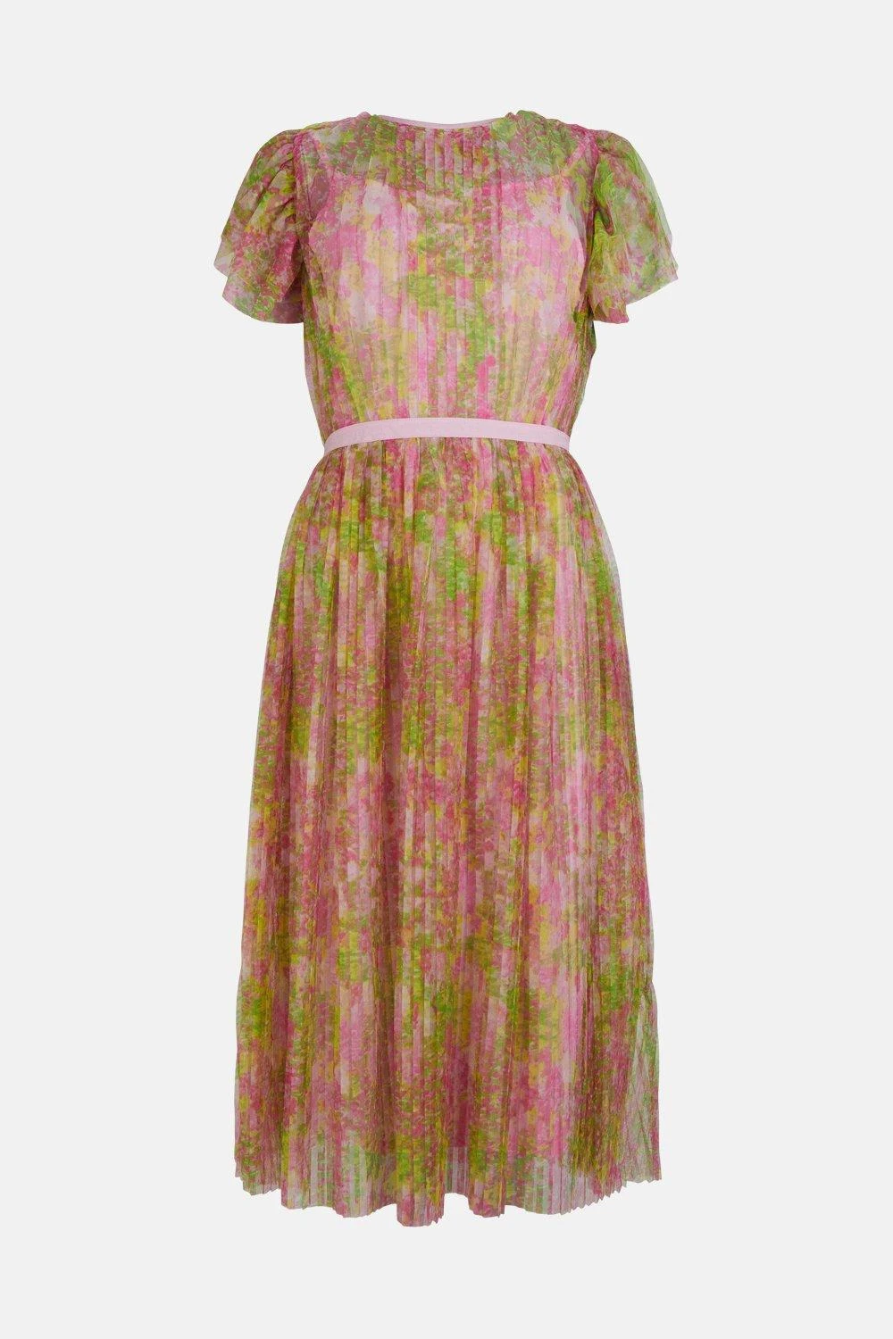 Coast Printed Frill Sleeve Pleated Mesh Midi Dress 4 Coast Printed Frill Sleeve Pleated Mesh Midi Dress - Image 4