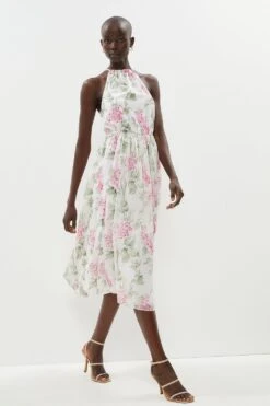 Coast Waisted Printed Chiffon Halter Midi Dress