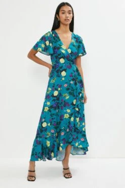 Coast Angel Sleeve Wrap Midi Dress With Ruffle Hem