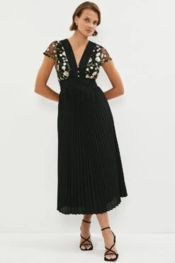 Coast Embroidered Mesh Midi Dress With Pleat Skirt