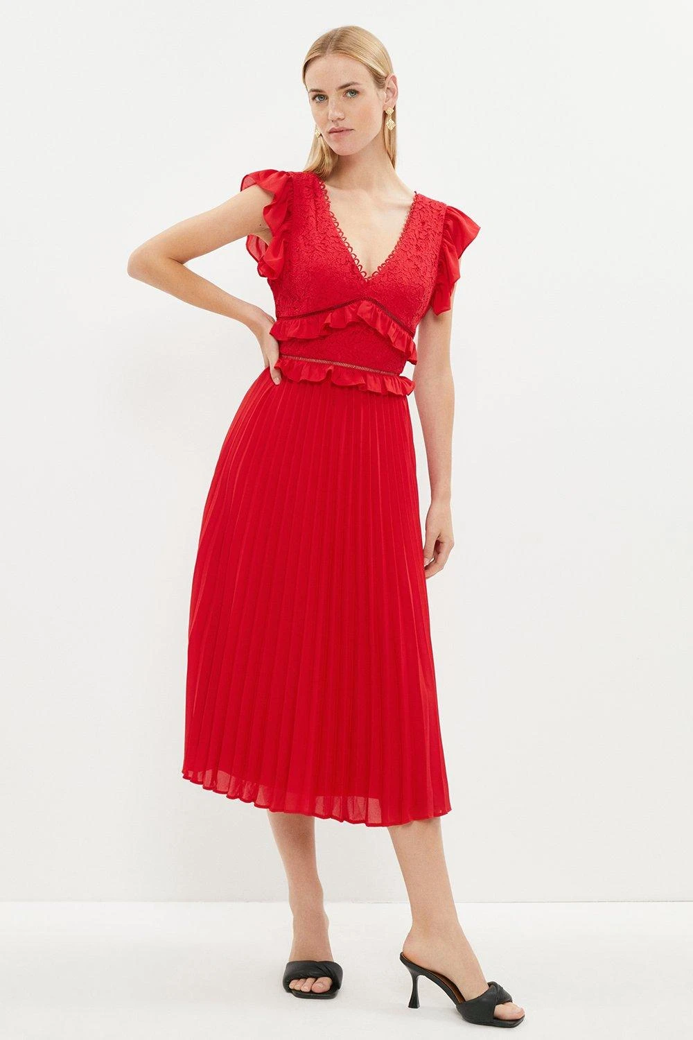 Coast Ruffle Detail Lace Bodice Pleat Skirt Dress 2 Coast Ruffle Detail Lace Bodice Pleat Skirt Dress - Image 2