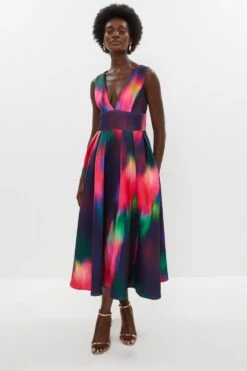 Coast Plunge Neck Full Skirted Scuba Dress