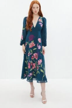 Coast Alexandra Gallagher Embroidered V Neck Midi Dress