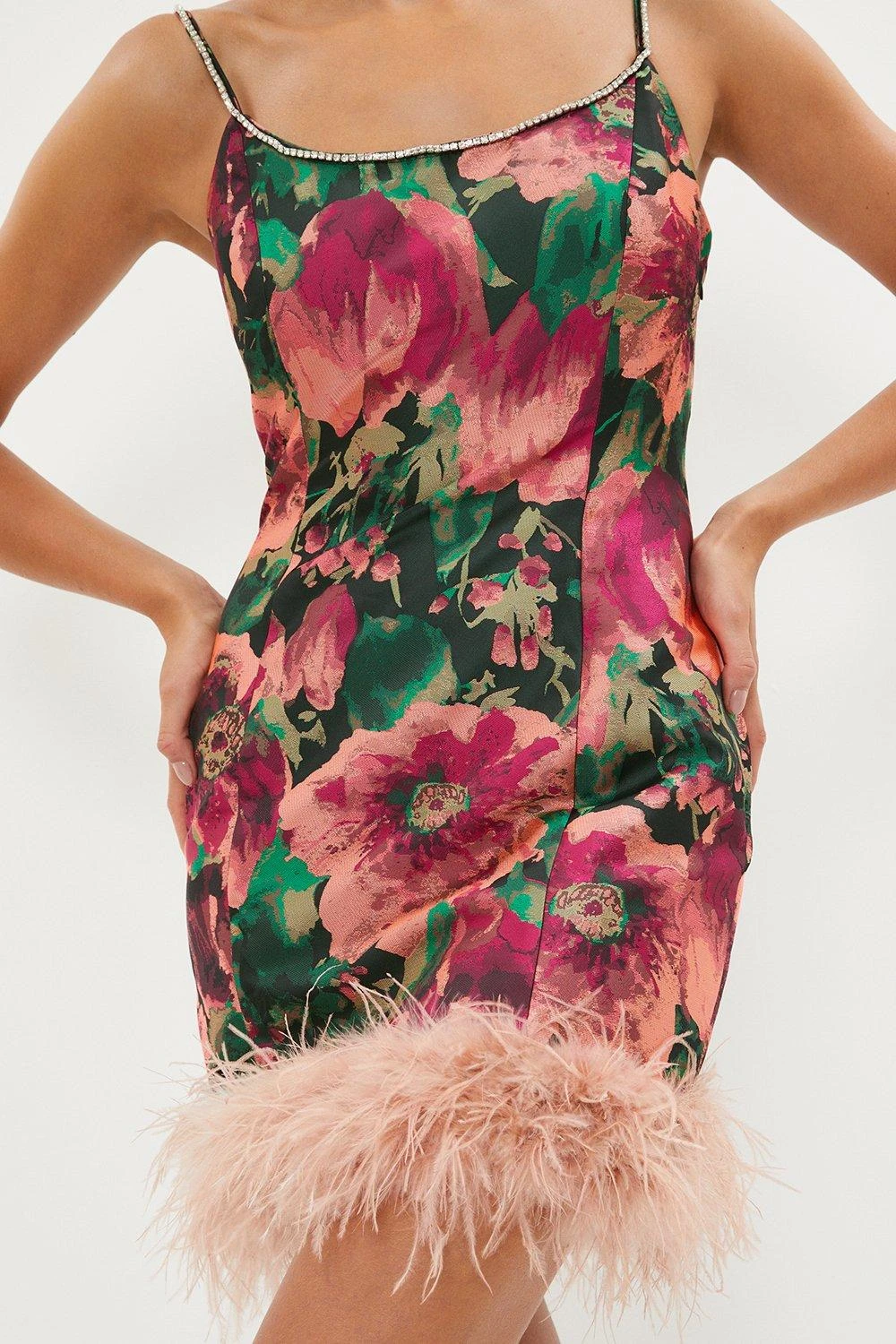 Coast Diamante Trim Mini Dress With Feather Hem 2 Coast Diamante Trim Mini Dress With Feather Hem - Image 2