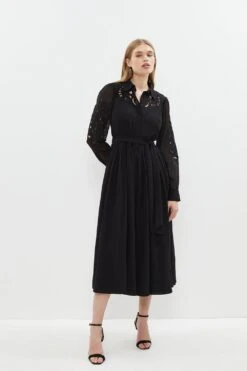 Coast Placed Cutwork Midi Georgette Shirt Dress