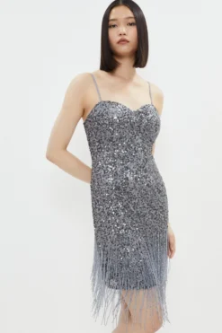 Coast Sequin Bustier Dress With Beaded Fringe