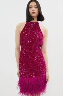 Coast Sequin Velvet Mini Dress With Feather Hem