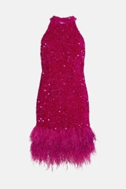 Coast Sequin Velvet Mini Dress With Feather Hem -Coast bcc04057 pink xl 3