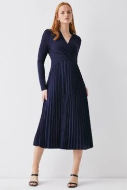 Coast Stand Collar Ponte Bodice Pleat Skirt Dress