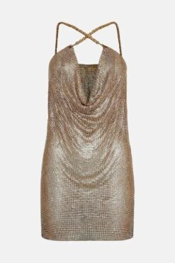 Coast Cowl Neck Chainmail Mini Dress -Coast bcc04276 gold xl 3