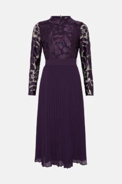 Coast Long Sleeve Scallop Lace Bodice Pleat Skirt Dress -Coast bcc04293 fig xl 3