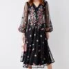 Coast Placement Embroidered Mesh Balloon Sleeve Midi Dres