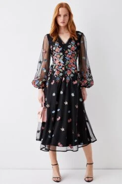 Coast Placement Embroidered Mesh Balloon Sleeve Midi Dres