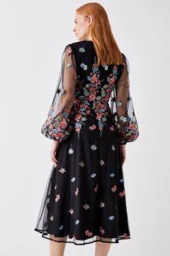 Coast Placement Embroidered Mesh Balloon Sleeve Midi Dres -Coast bcc04297 black xl 2