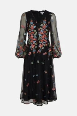 Coast Placement Embroidered Mesh Balloon Sleeve Midi Dres -Coast bcc04297 black xl 3