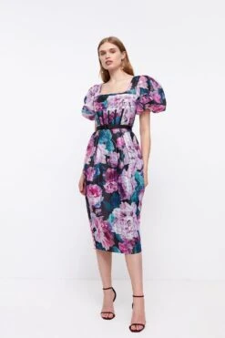 Coast Printed Puff Sleeve Textured Organza Midi Dress