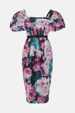 Coast Printed Puff Sleeve Textured Organza Midi Dress -Coast bcc04414 pink xl 3