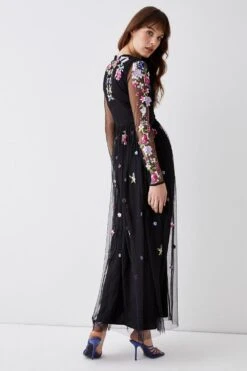 Coast Long Sleeve Floral Embroidered Mesh Midi Dress -Coast bcc04483 black xl 2