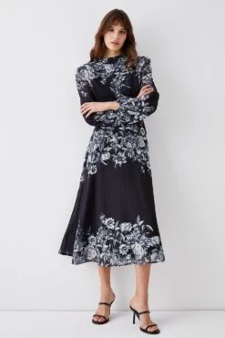 Coast Placement Print Volume Sleeve Midi Dress
