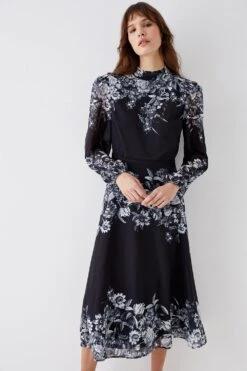 Coast Placement Print Volume Sleeve Midi Dress -Coast bcc04541 black xl 2