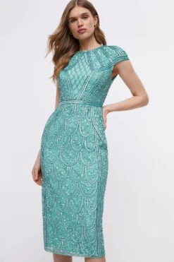 Coast Hand Embellished Placement Design Cap Sleeve Pencil Dress -Coast bcc04556 turquoise xl 2