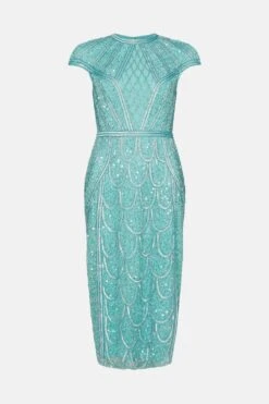Coast Hand Embellished Placement Design Cap Sleeve Pencil Dress -Coast bcc04556 turquoise xl 3