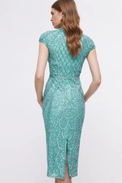 Coast Hand Embellished Placement Design Cap Sleeve Pencil Dress -Coast bcc04556 turquoise xl 4