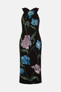 Coast Cross Neck Hand Embellished Floral Pencil Dress -Coast bcc04563 black xl 3