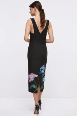 Coast Cross Neck Hand Embellished Floral Pencil Dress -Coast bcc04563 black xl 4