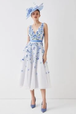Coast Plunge Organza 3d Floral Full Skirt Midi Dress