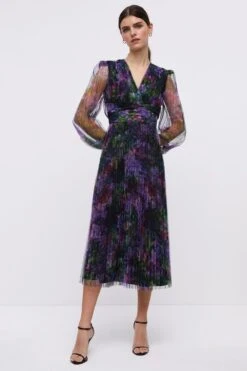 Coast Long Sleeve Waist Detail Pleated Mesh Midi Dress