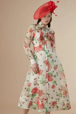 Coast Lisa Tan Organza Pussybow Shirt Dress