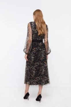Coast Longsleeve High Neck Pleated Mesh Midi Dress -Coast bcc04678 leopard xl 2