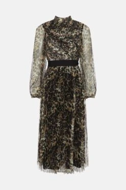 Coast Longsleeve High Neck Pleated Mesh Midi Dress -Coast bcc04678 leopard xl 3