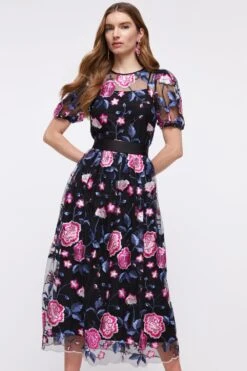 Coast Embroidered Mesh Puff Sleeve Midi Dress