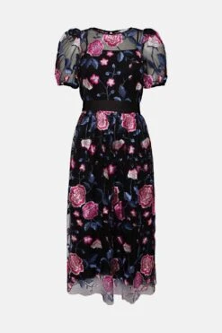 Coast Embroidered Mesh Puff Sleeve Midi Dress -Coast bcc04679 black xl 3