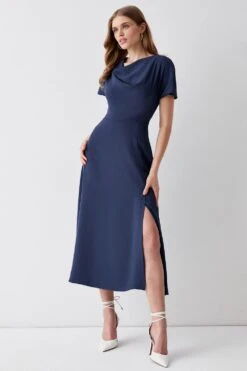 Coast Midi Dress With High Neck & Flare Skirt