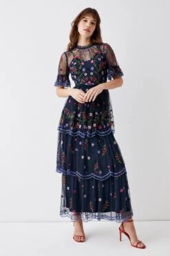 Coast Embroidered Mesh Scallop Tiered Maxi Dress