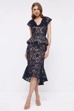 Coast Lace Pencil Dress With Dip Hem & Peplum