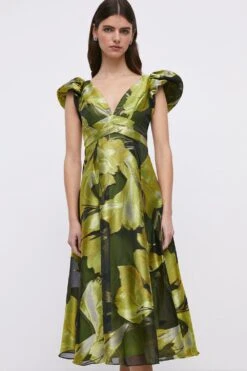 Coast V Neck Jacquard Dress With Frill Shoulder -Coast bcc04843 yellow xl 2