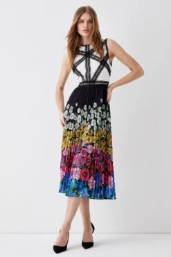 Coast Placement Floral Pleated Skirt Lace Top Midi Dress
