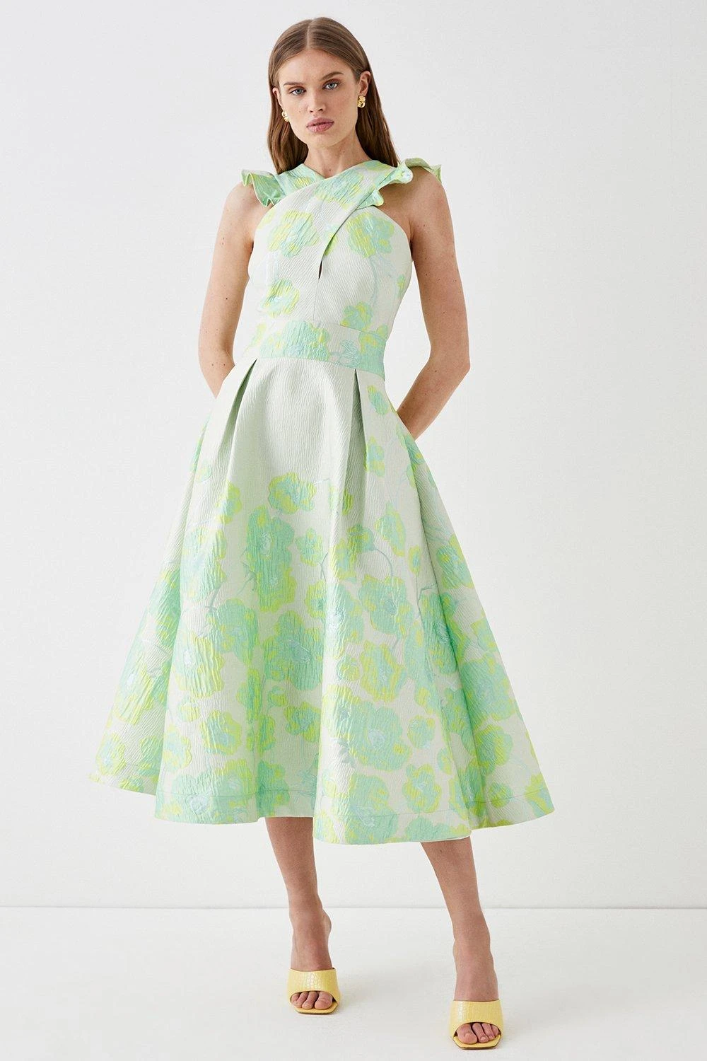 Coast Cross Neck Frill Detail Jacquard Midi Dress 1 Coast Cross Neck Frill Detail Jacquard Midi Dress